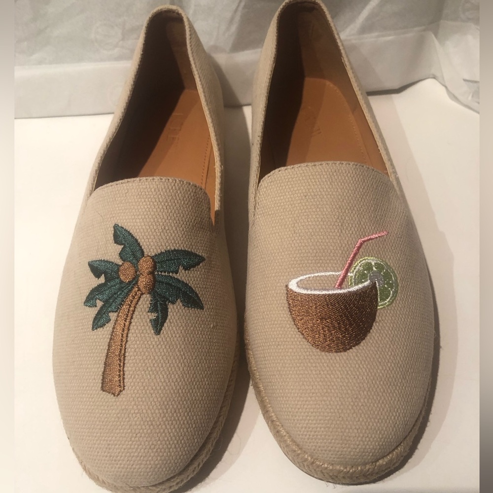 NWT Fun J Crew Beige Espadrilles with Palm Tree and Coconut Embroidery ( Sz 9)